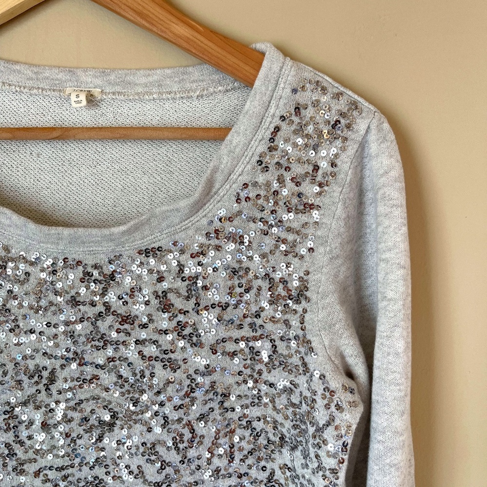 J Crew 100% cotton grey sequin pullover sweatshirt, size small, soft, two holes